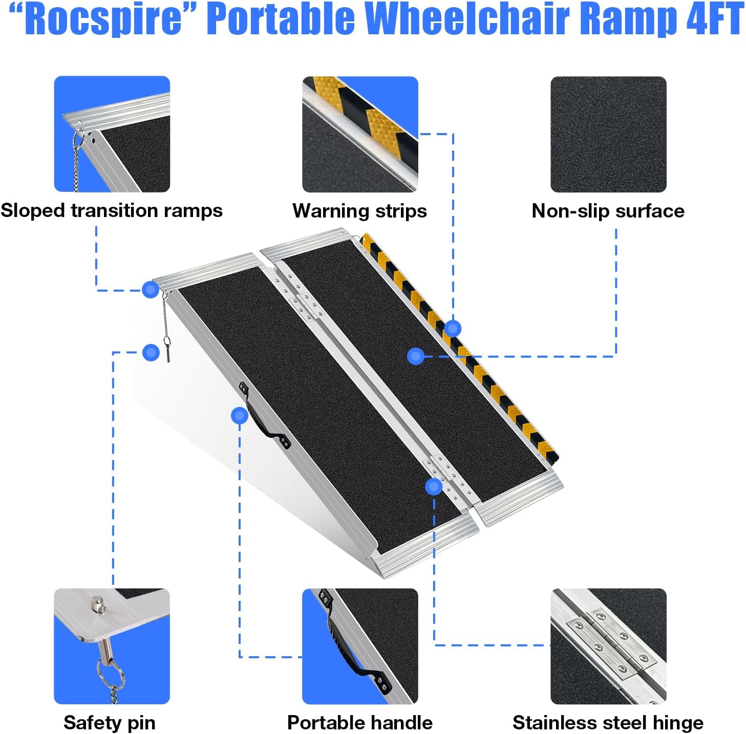 4FT Portable Wheelchair Ramp – 800lb Capacity, Folding Non-Slip Aluminum Handicap Ramp, Ramps for Wheelchairs for Home Steps, Doorways, Stairs, Thresholds, Car Curbs, Scooters & Carts